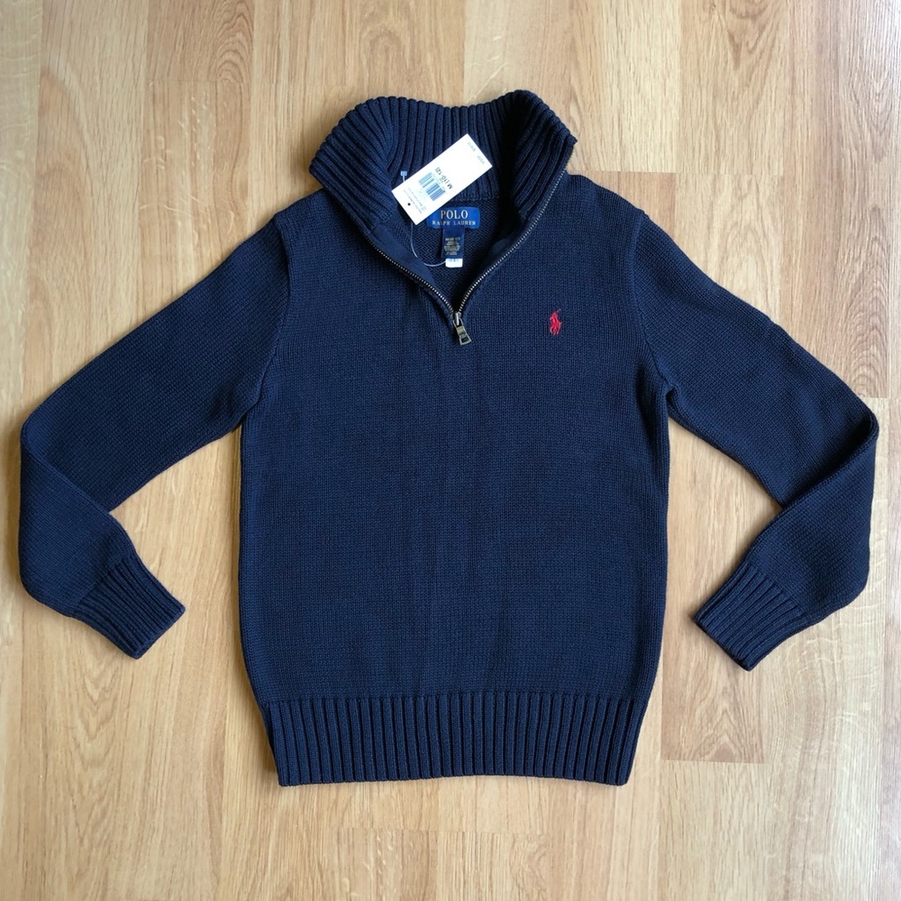 NWT Ralph Lauren Boy Quarter Zip Knit Sweater-Navy with Red Logo, Classic RL